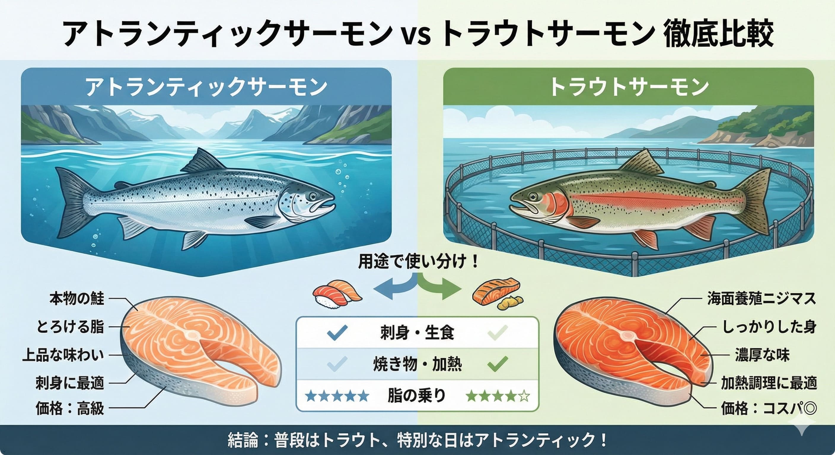 アトランティックサーモンとトラウトサーモンの違いを徹底比較！味・価格・産地を現役バイヤーが解説！
