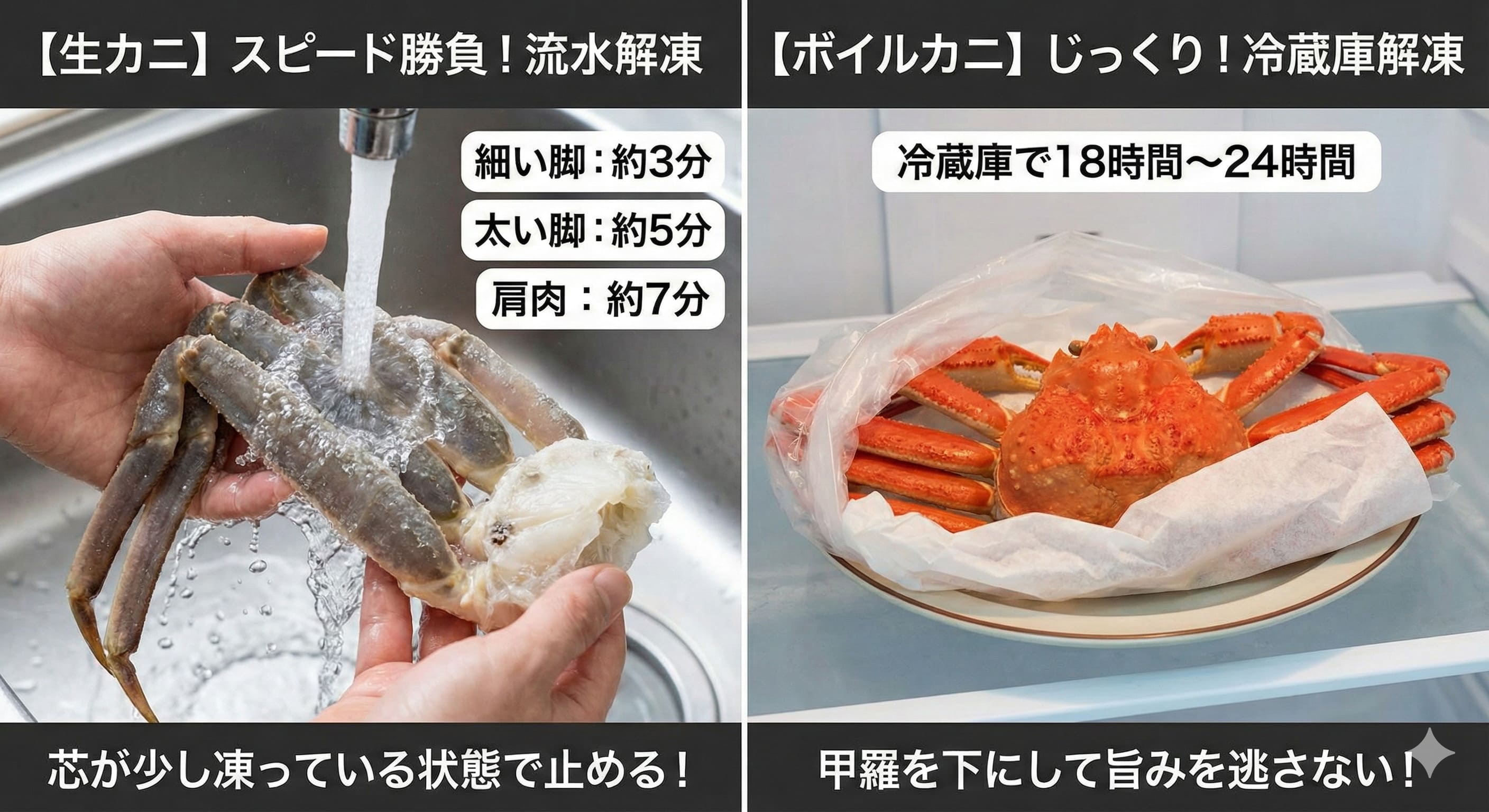 【2026最新】カニの解凍方法ガイド！生は直前流水解凍、ボイルは1日冷蔵庫！