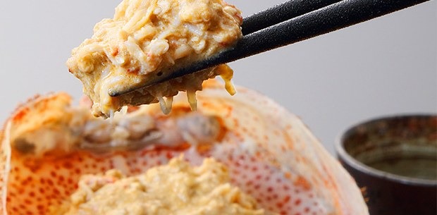 毛ガニの身とカニ味噌を箸でつまんだところ