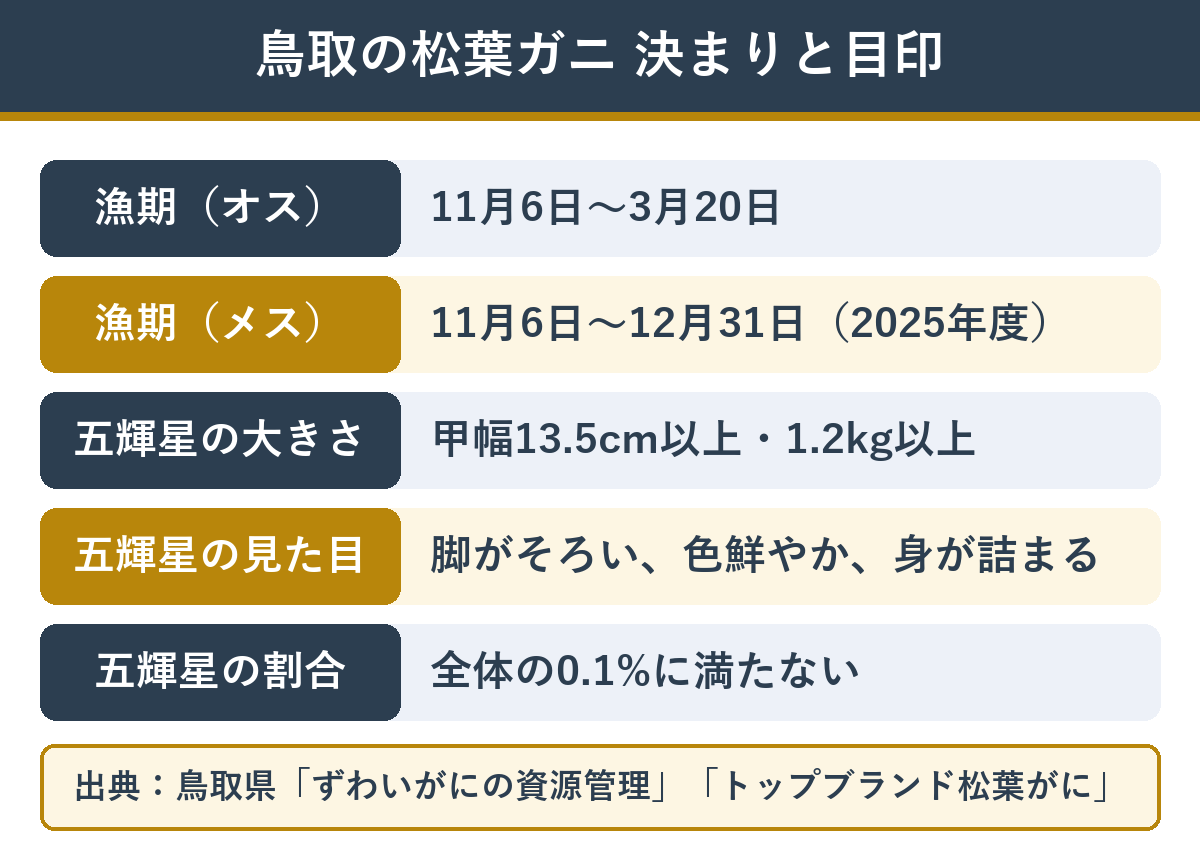 鳥取の松葉ガニの漁期と五輝星の基準