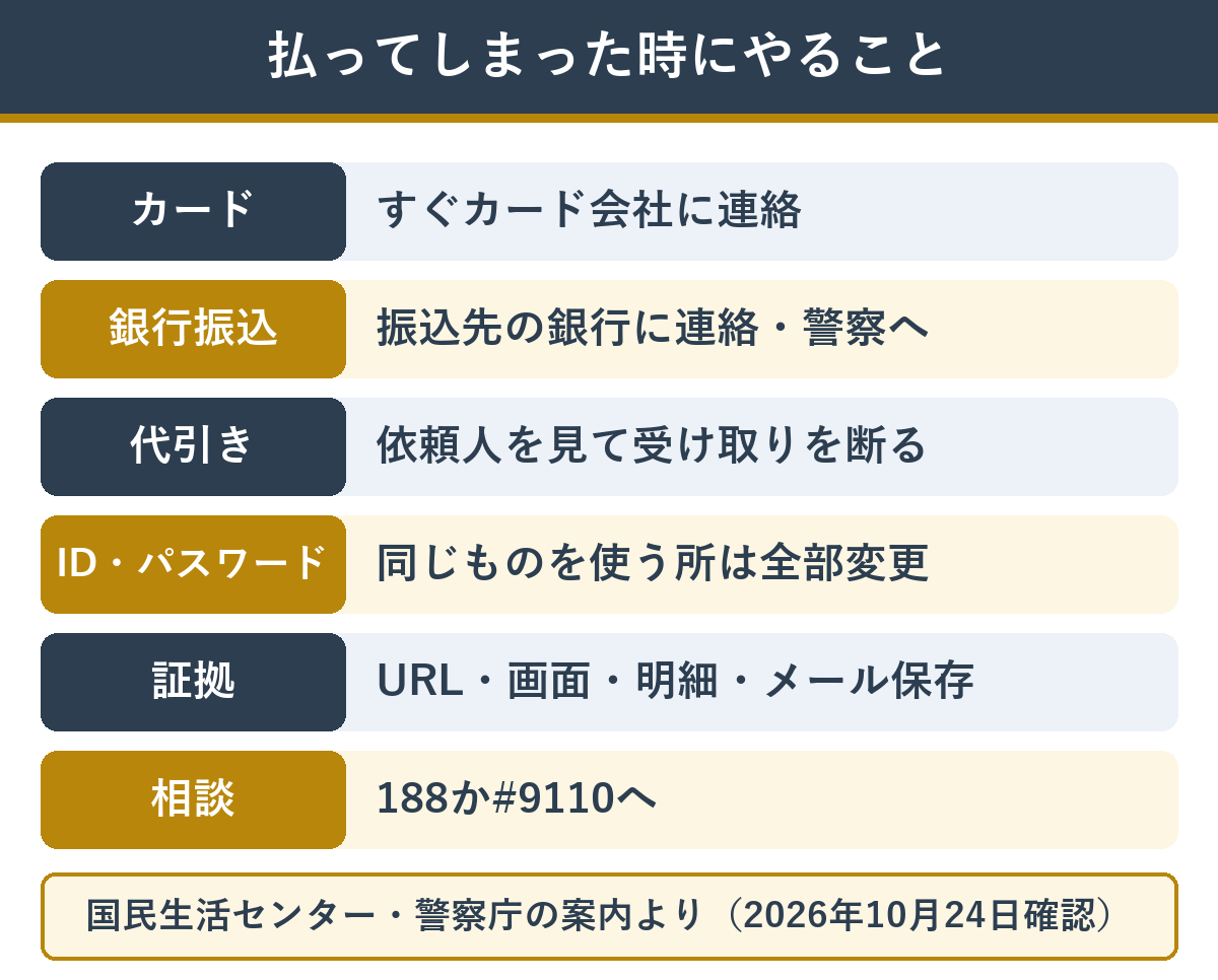 偽サイトで払ってしまった時に支払い方法ごとにやること