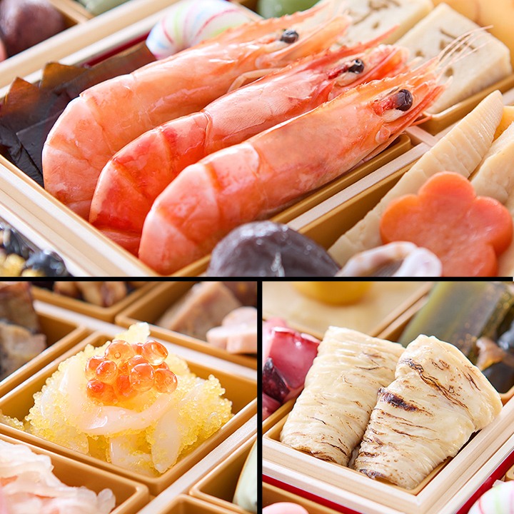 焼き海老と筍のにしめ、いか黄金いくらのせ、焼き湯葉巻のアップ
