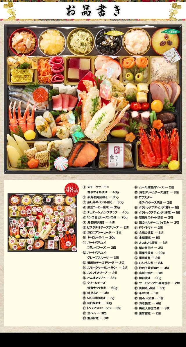 超特大宝船のお品書き 一段重（48品）
