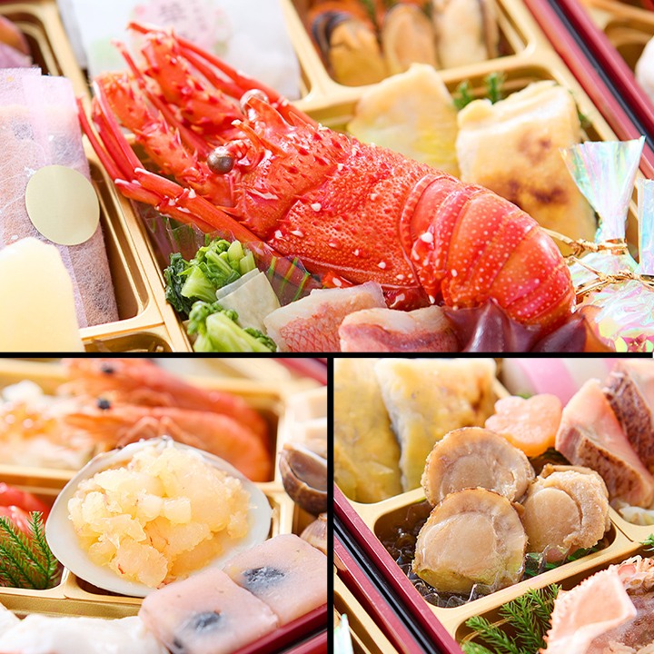 ロブスター旨煮と、貝殻に盛った赤海老黄金和え、帆立旨焼きのアップ