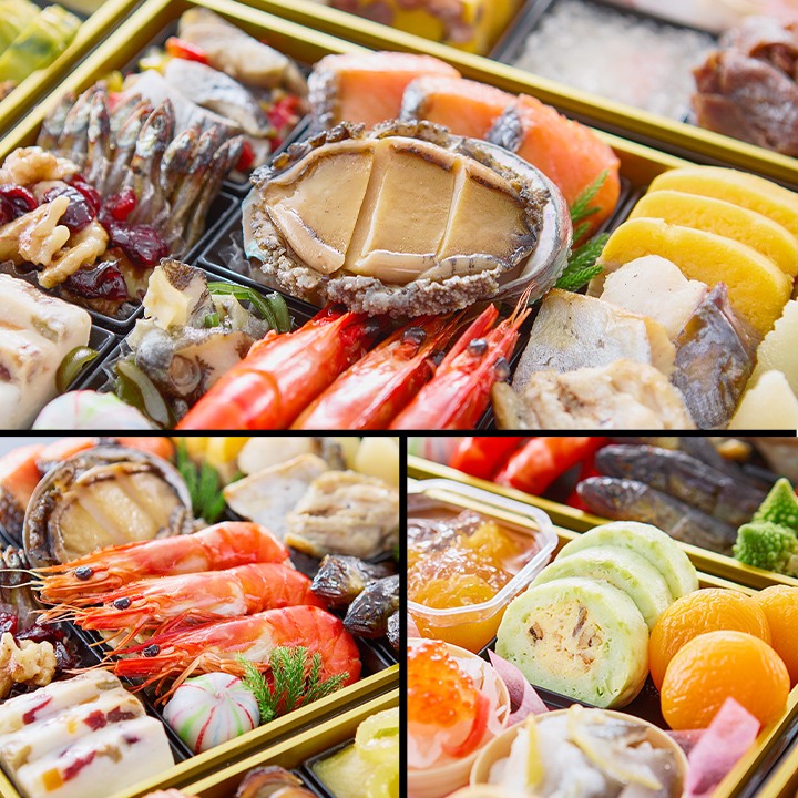 仁寿の壱の重と弐の重を寄って写したところ。あわび、海老、焼き魚、きんかん、いくらが見える