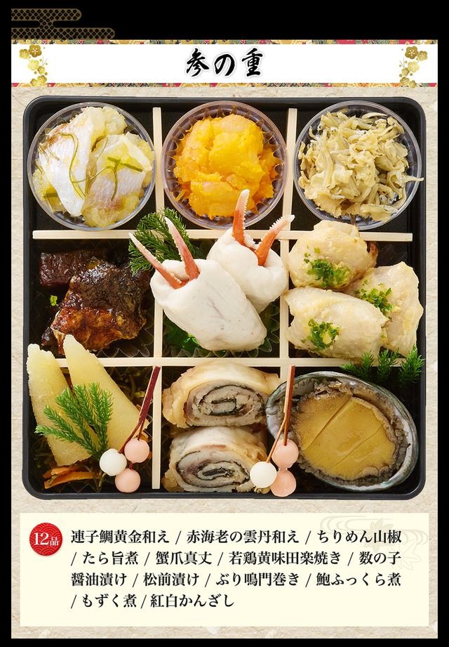 鶴寿の宴のお品書き 参の重(12品)