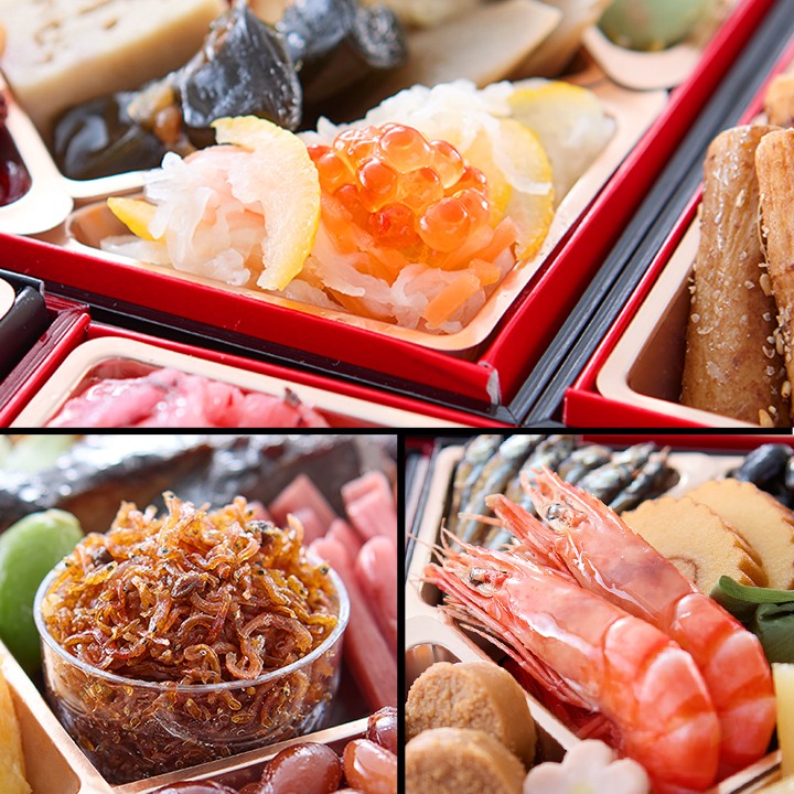 赤いお重に入った柚子入り生酢いくらのせと、ちりめん山椒、焼き海老のアップ