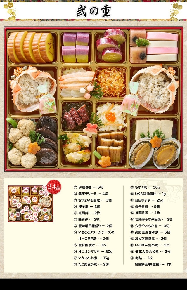甲羅盛りやあわびが細かい仕切りに並ぶ二段重のおせち