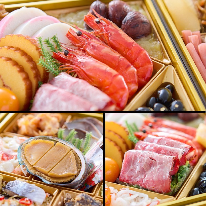 江春の料理を寄せて撮った3枚の写真。上は海老艶煮と伊達巻、左下はアワビ旨煮、右下はローストビーフ