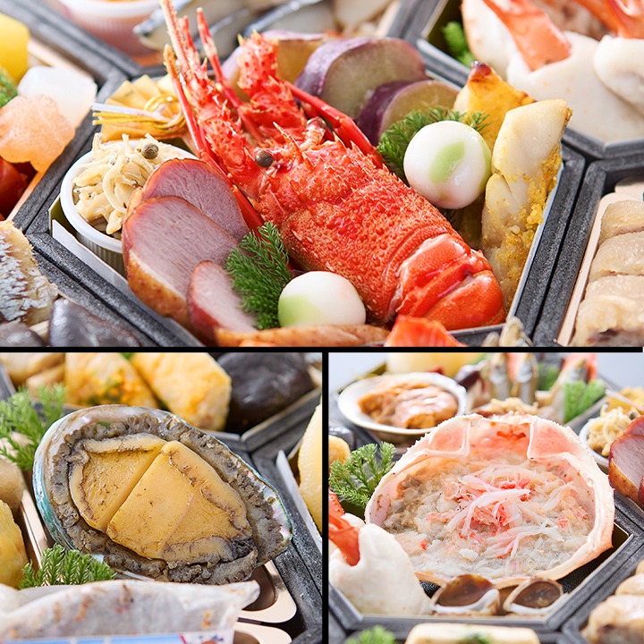亀甲形のお重に入ったロブスター旨煮とあわび福良煮、蟹甲羅盛り
