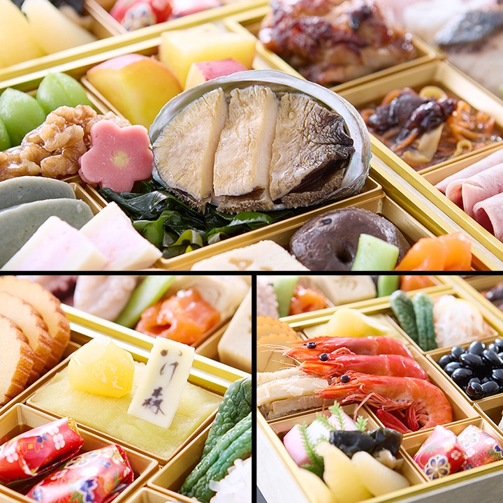 殻つきのあわび旨煮、赤い海老、五郎島きんとんを寄って写したところ